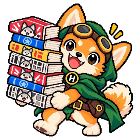 Hiro, la mascotte di Hiro Comics, porta una pila di manga